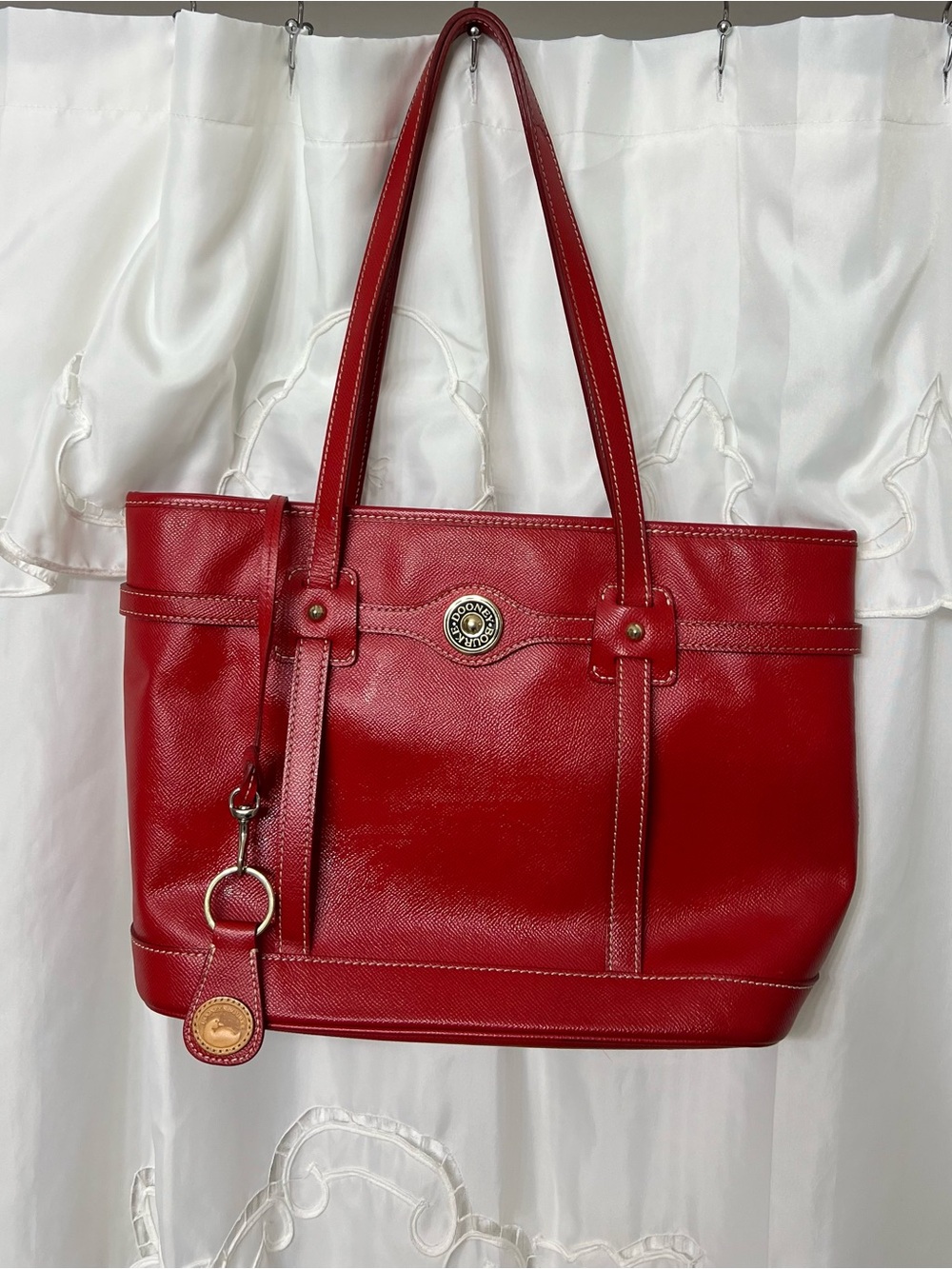Dooney & Bourke Red Leather Double Pocket Tote Shoulder Bag Duck Charm